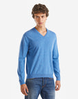 United Colors Of Benetton Man Blue Mélange V-Neck Sweater In Pure Merino Wool | LEVISONS