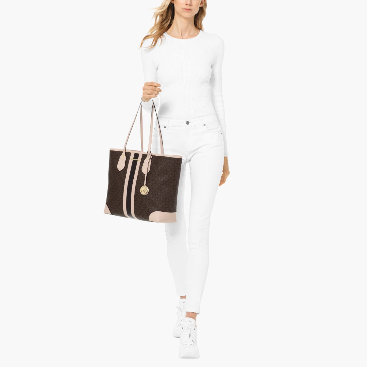 Buy Michael Kors Eva Large Logo Stripe Tote Bag, White Color Women