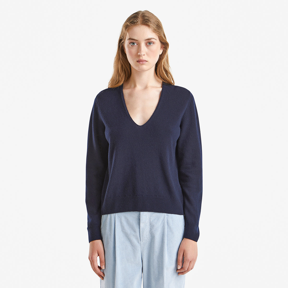 United Colors Of Benetton Woman Dark Blue V-Neck Sweater In Pure Merino Wool | LEVISONS