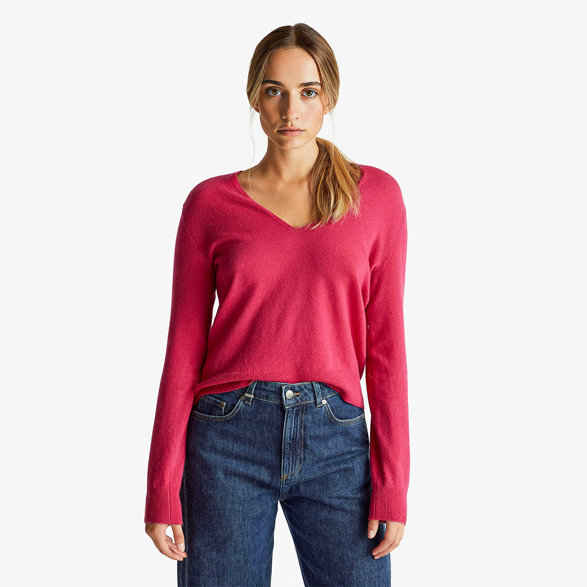 United Colors Of Benetton Woman Fuchsia V-Neck Sweater In Pure Merino Wool | LEVISONS