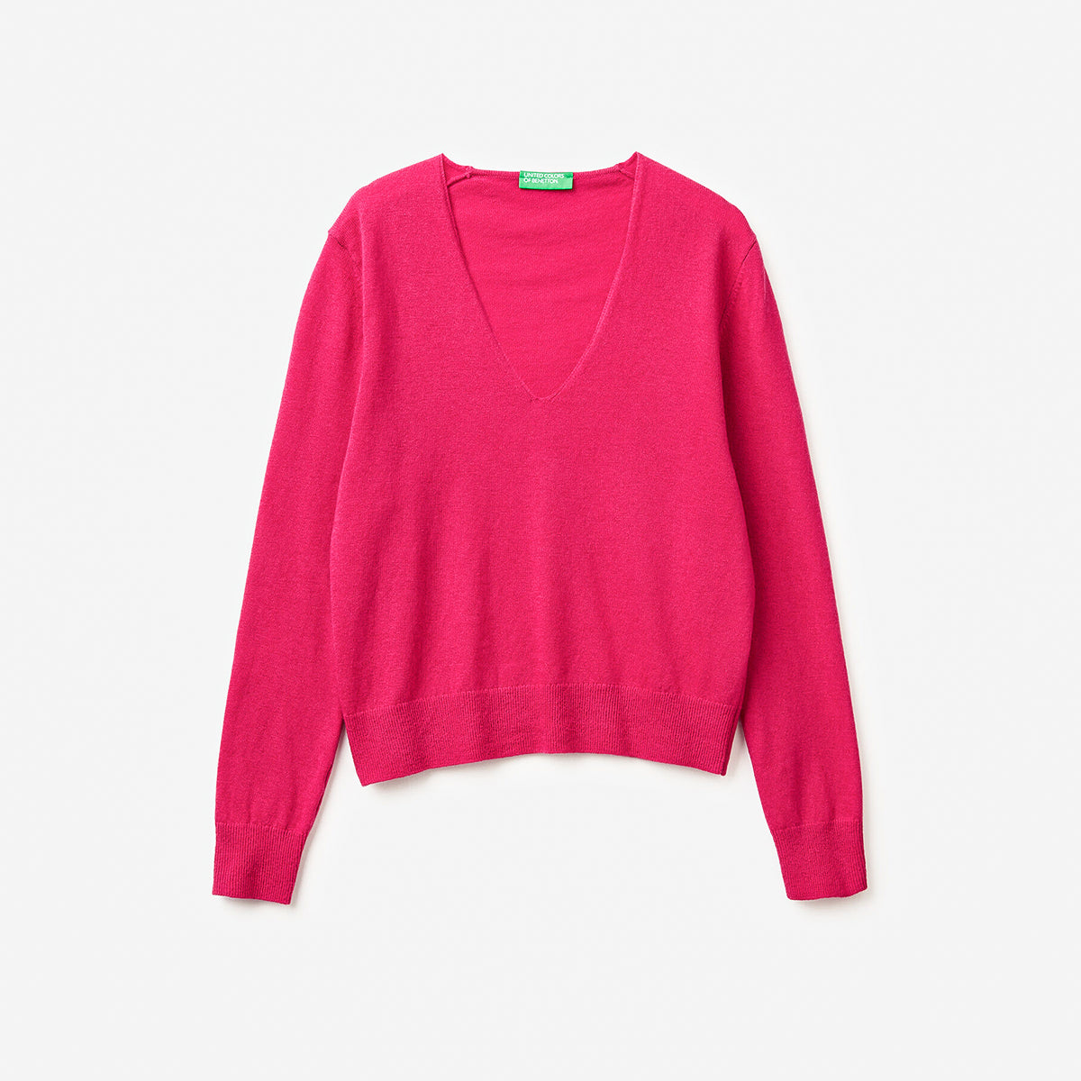 United Colors Of Benetton Woman Fuchsia V-Neck Sweater In Pure Merino Wool | LEVISONS
