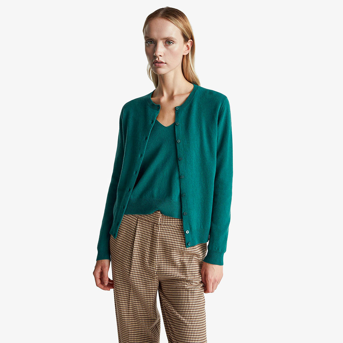 United Colors Of Benetton Woman Green Crew Neck Cardigan In Pure Merino Wool | LEVISONS