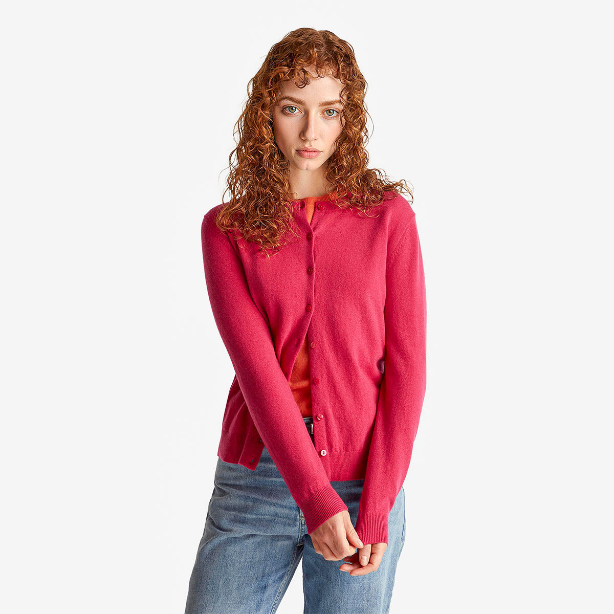 United Colors Of Benetton Woman Fuchsia Crew Neck Cardigan In Pure Merino Wool | LEVISONS