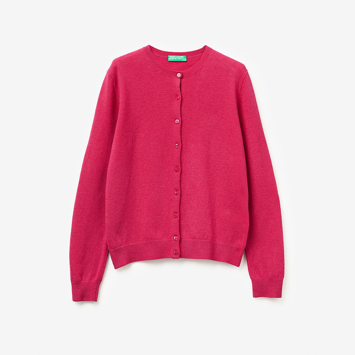 United Colors Of Benetton Woman Fuchsia Crew Neck Cardigan In Pure Merino Wool | LEVISONS