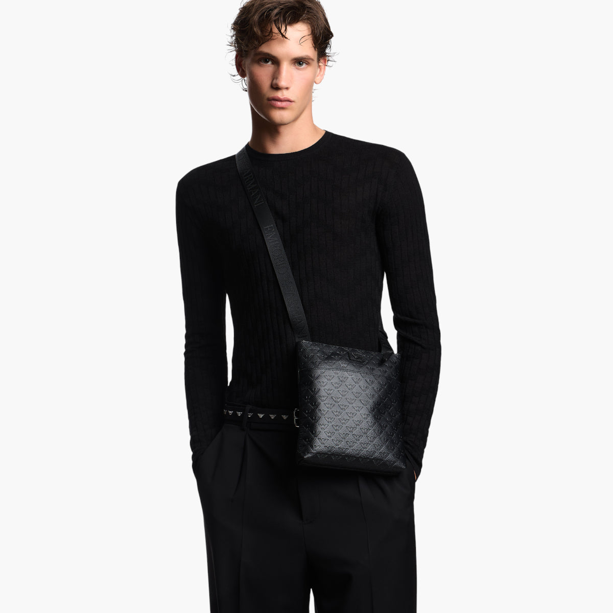 Emporio Armani All-Over Logo Flat Leather Shoulder Bag | LEVISONS