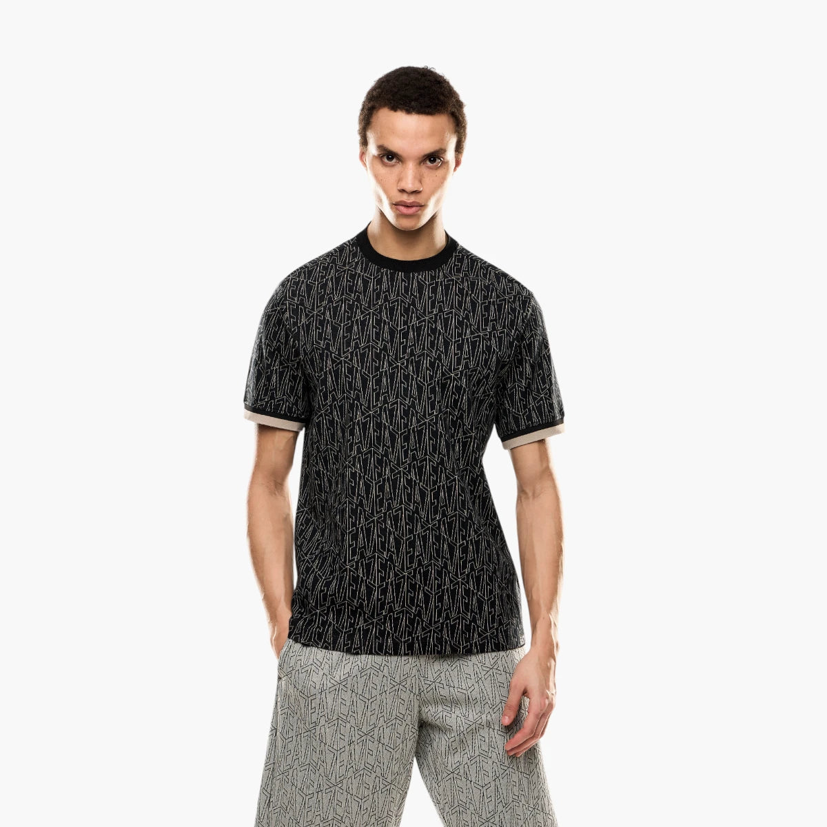 EA7 Regular Fit Cotton Crewneck T-Shirt With All-Over Jacquard Branding | LEVISONS