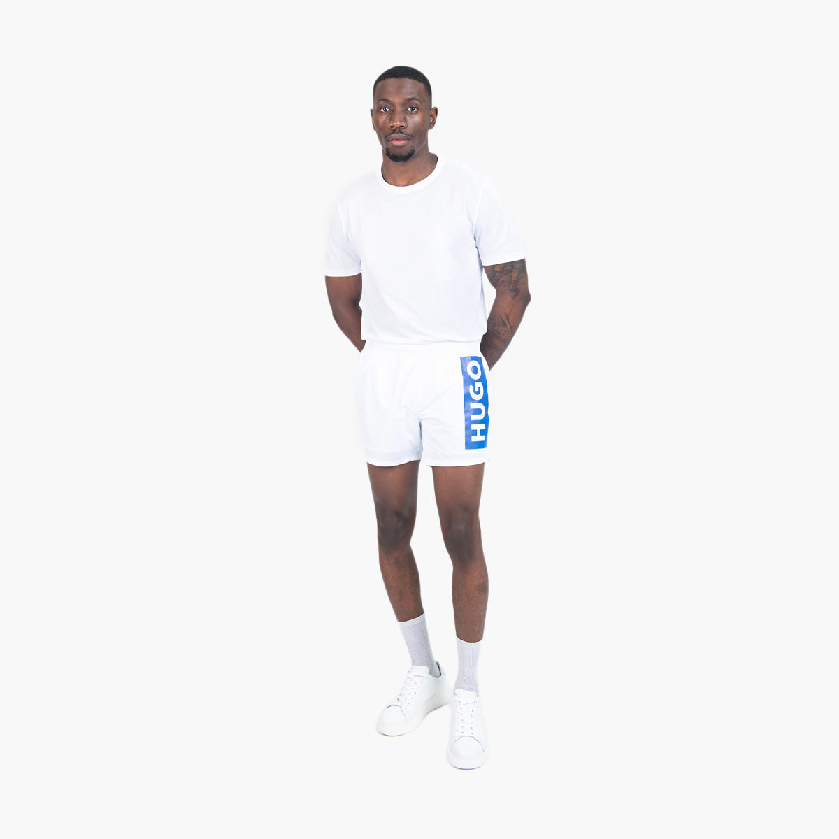 Hugo Blue Partially Lined Quick-Dry Swim Shorts With Vertical Logo | LEVISONS