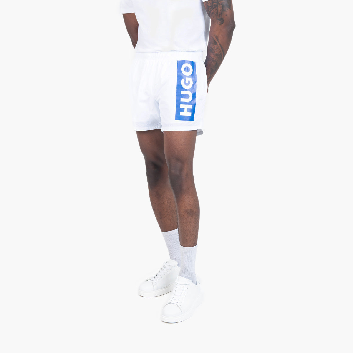 Hugo Blue Partially Lined Quick-Dry Swim Shorts With Vertical Logo | LEVISONS
