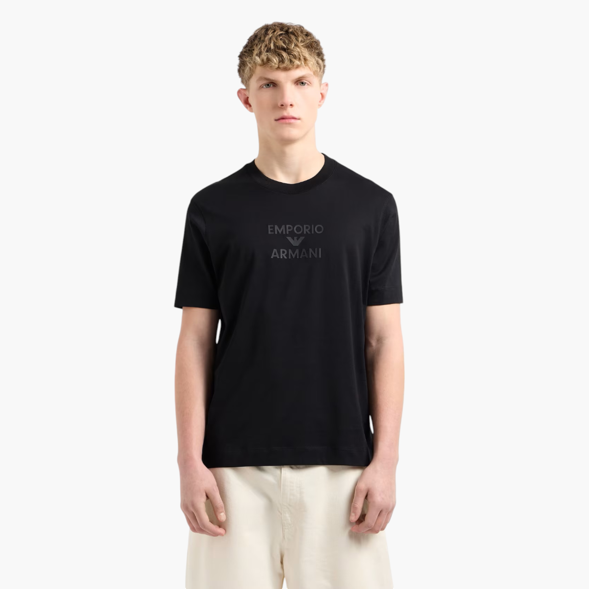 Emporio Armani Regular Fit Cotton Crewneck T-Shirt With Monochromatic Rubber Print | LEVISONS