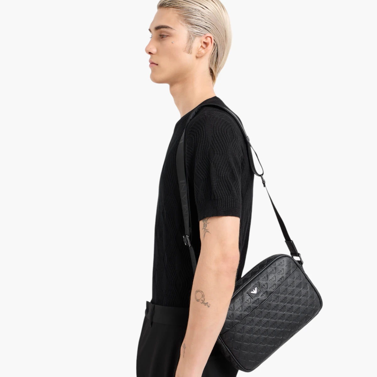 Emporio Armani Embossed All Over Logo Leather Shoulder Bag With Logo Plaque | LEVISONS