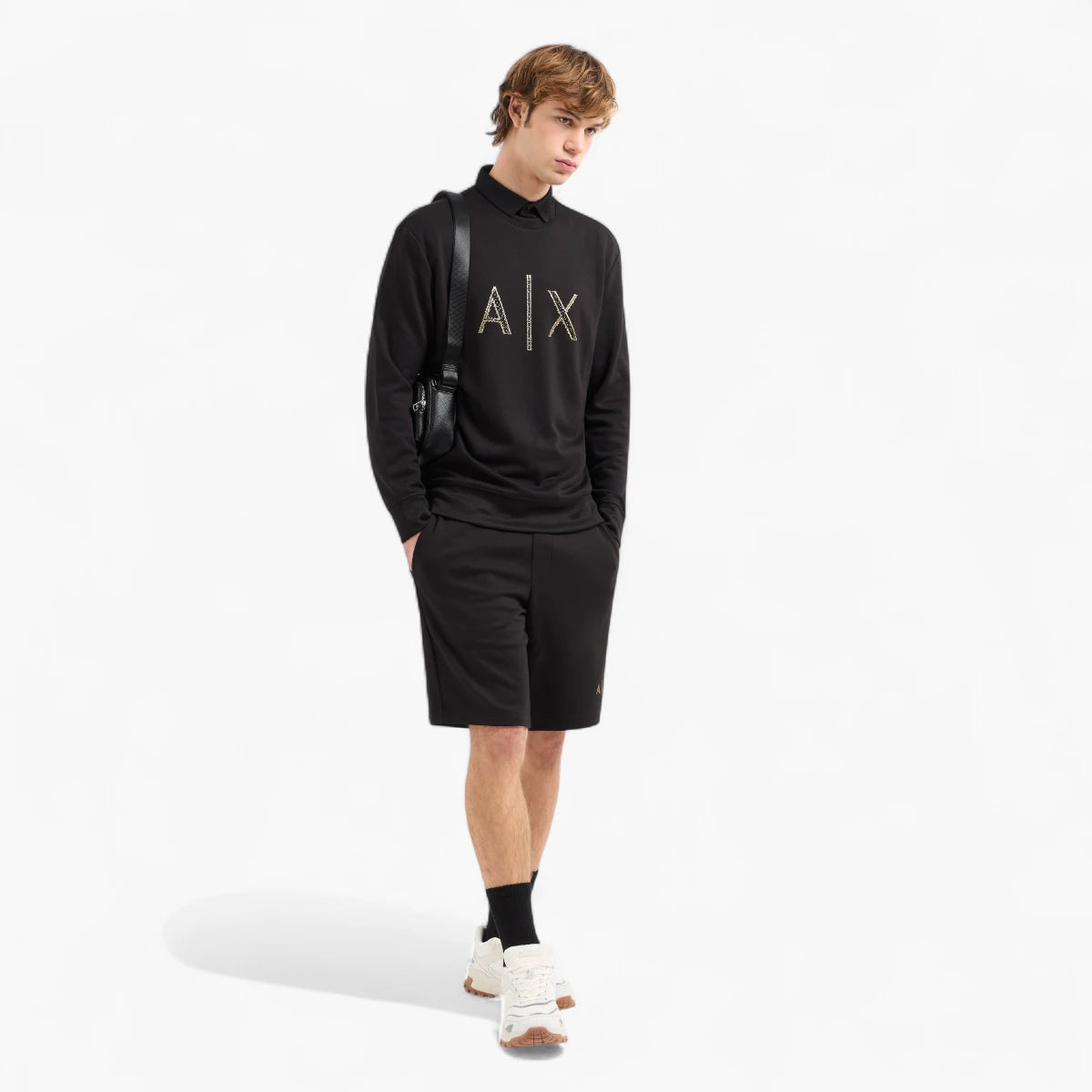 Armani Exchange Regular Fit Crewneck Sweatshirt With Gold Rhinestone Branding | LEVISONS