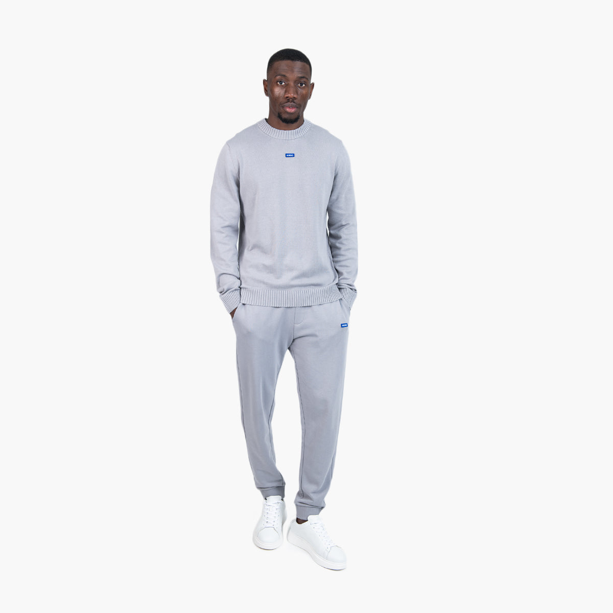 Hugo Blue Knitted-Cotton Sweater With Blue Logo Label | LEVISONS