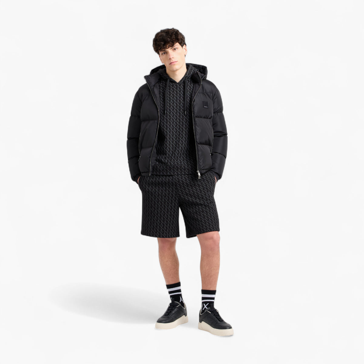Armani Exchange All Over Logo Cotton Shorts With Elasticated Waistband And Customised Drawstrings | LEVISONS