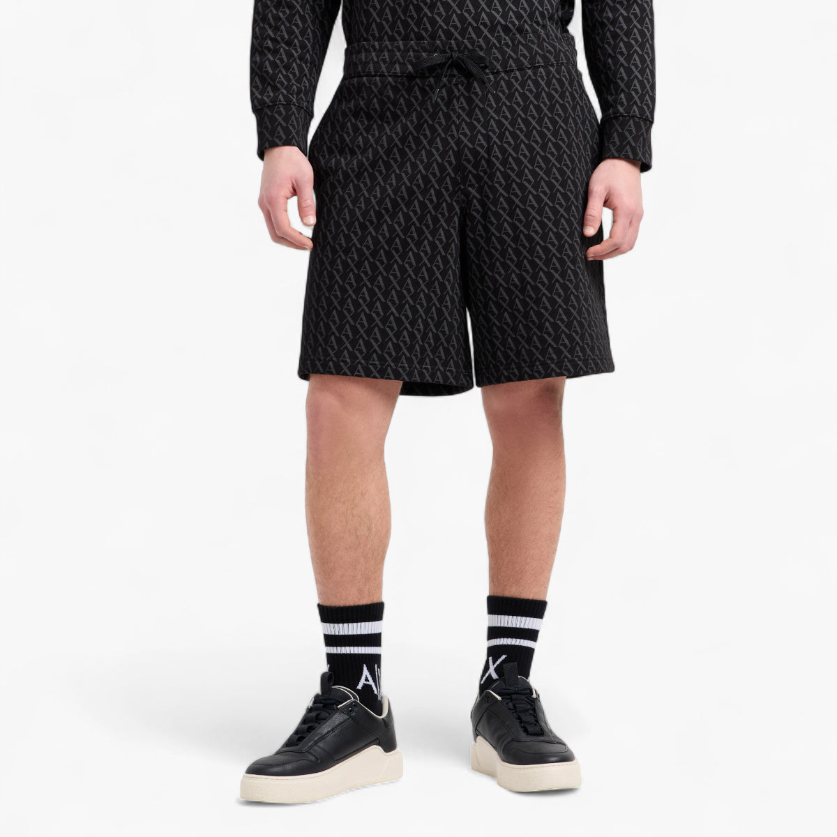 Armani Exchange All Over Logo Cotton Shorts With Elasticated Waistband And Customised Drawstrings | LEVISONS