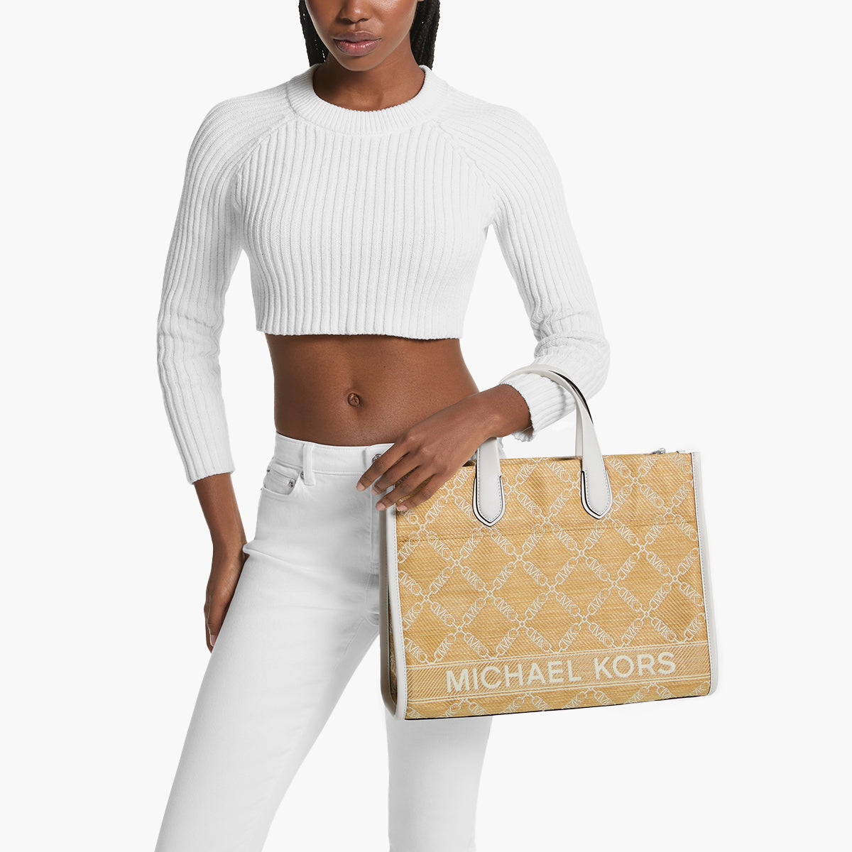 Michael Kors Gigi Large Empire Logo Jacquard Straw Tote Bag | LEVISONS
