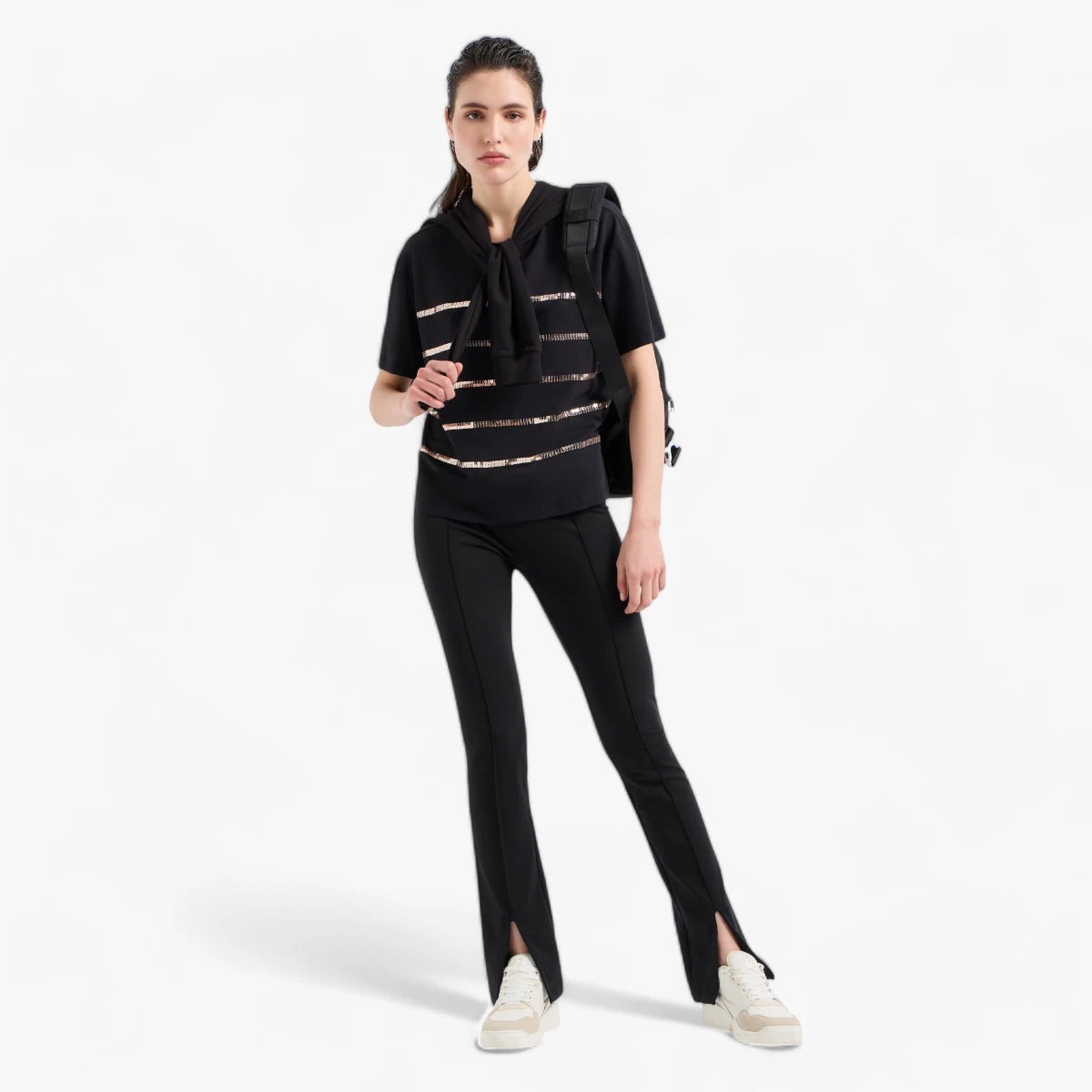 EA7 Slim Fit Cotton Stretch Leggings With Front Slits And Gold Logo Plaque | LEVISONS