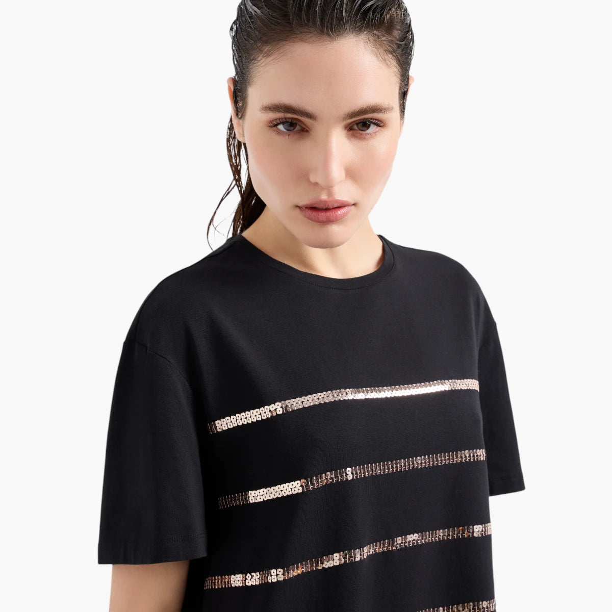 EA7 Regular Fit Crewneck T-Shirt With Sequence Stripes And Gold Logo Plaque | LEVISONS