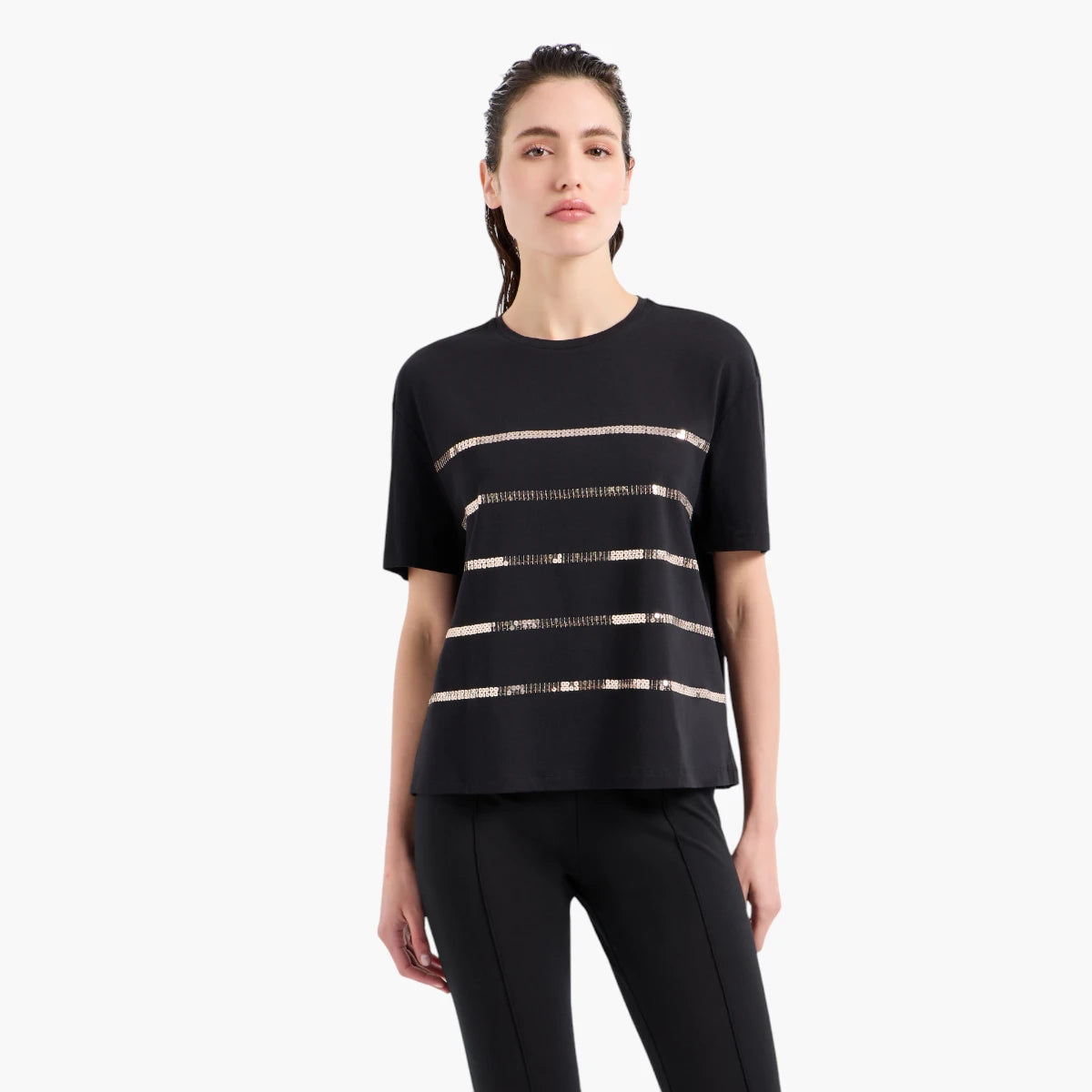 EA7 Regular Fit Crewneck T-Shirt With Sequence Stripes And Gold Logo Plaque | LEVISONS