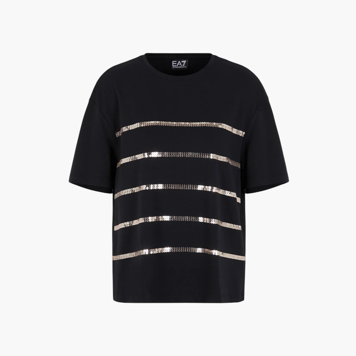 EA7 Regular Fit Crewneck T-Shirt With Sequence Stripes And Gold Logo Plaque | LEVISONS