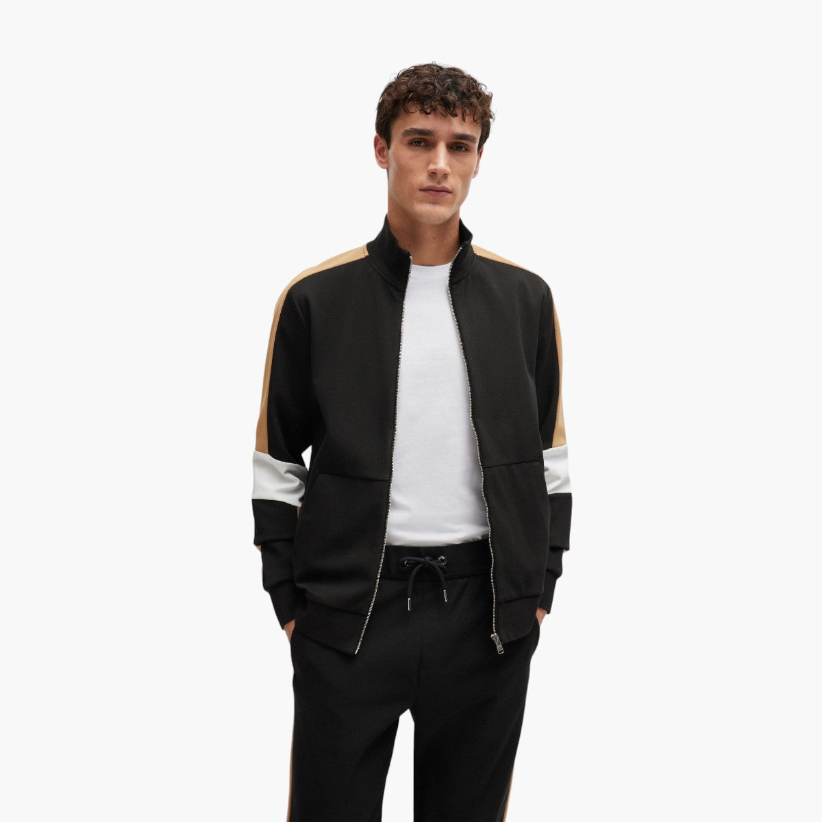 BOSS Black Cotton-Blend Zip-Up Sweatshirt With Colour-Blocking | LEVISONS