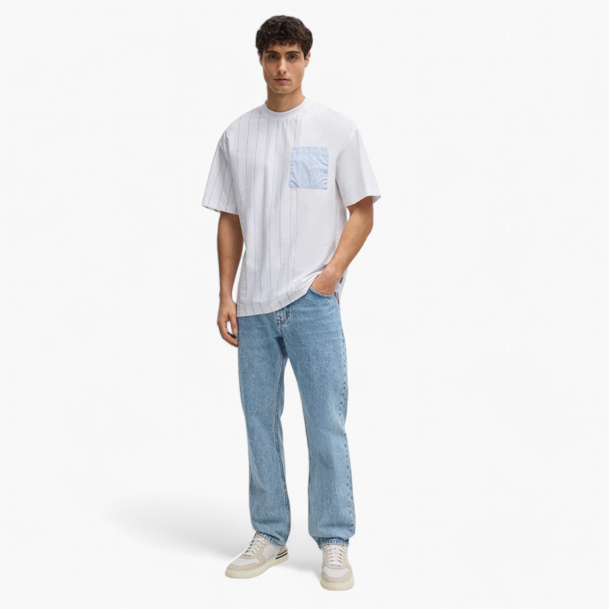 BOSS Black Mercerised-Cotton T-Shirt With Panelled Stripes. | LEVISONS