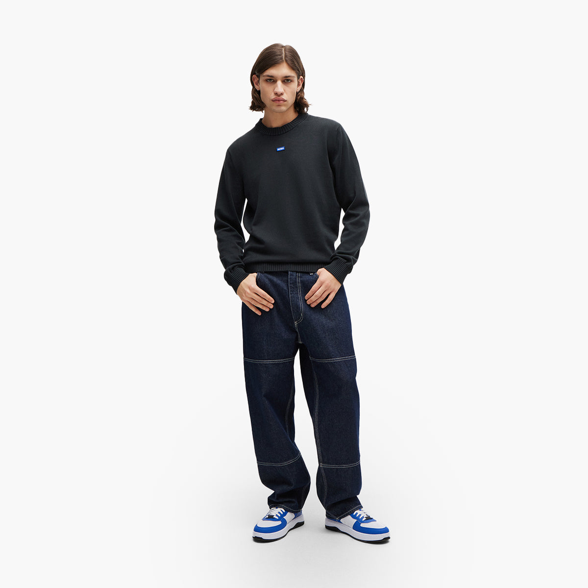 Hugo Blue Knitted-Cotton Sweater With Blue Logo Label | LEVISONS