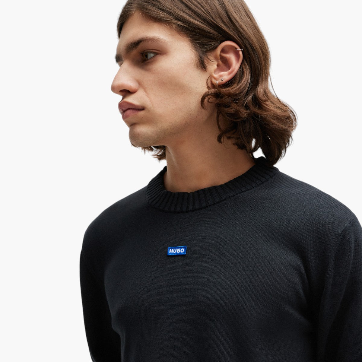 Hugo Blue Knitted-Cotton Sweater With Blue Logo Label | LEVISONS
