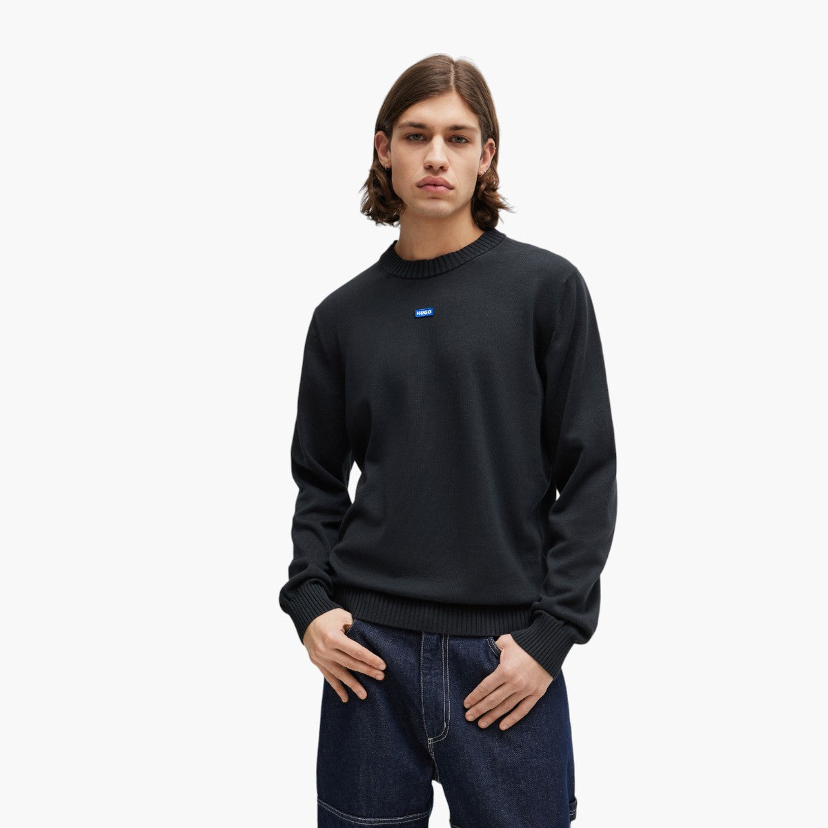 Hugo Blue Knitted-Cotton Sweater With Blue Logo Label | LEVISONS