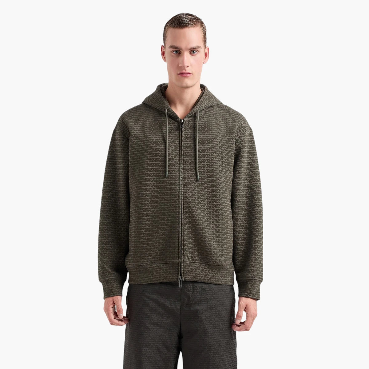 Emporio Armani All Over Logo Regular Fit Cotton Hooded Zip Up Sweatshirt | LEVISONS
