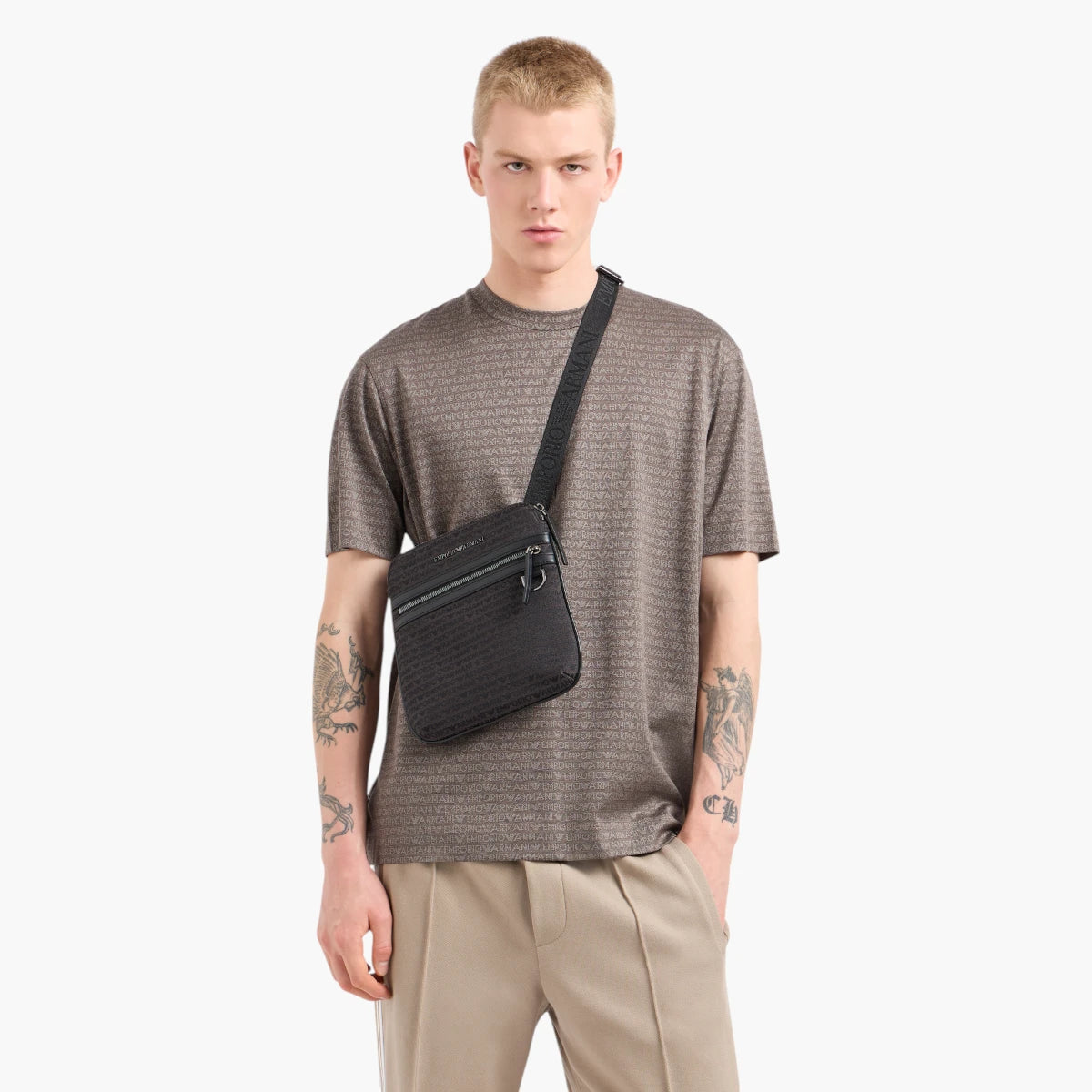 Emporio Armani All-Over Jacquard Logo Shoulder Bag With Metal Plate Logo | LEVISONS