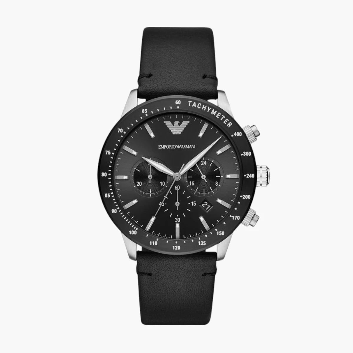 Emporio Armani Black Round Chronograph Leather Watch | LEVISONS