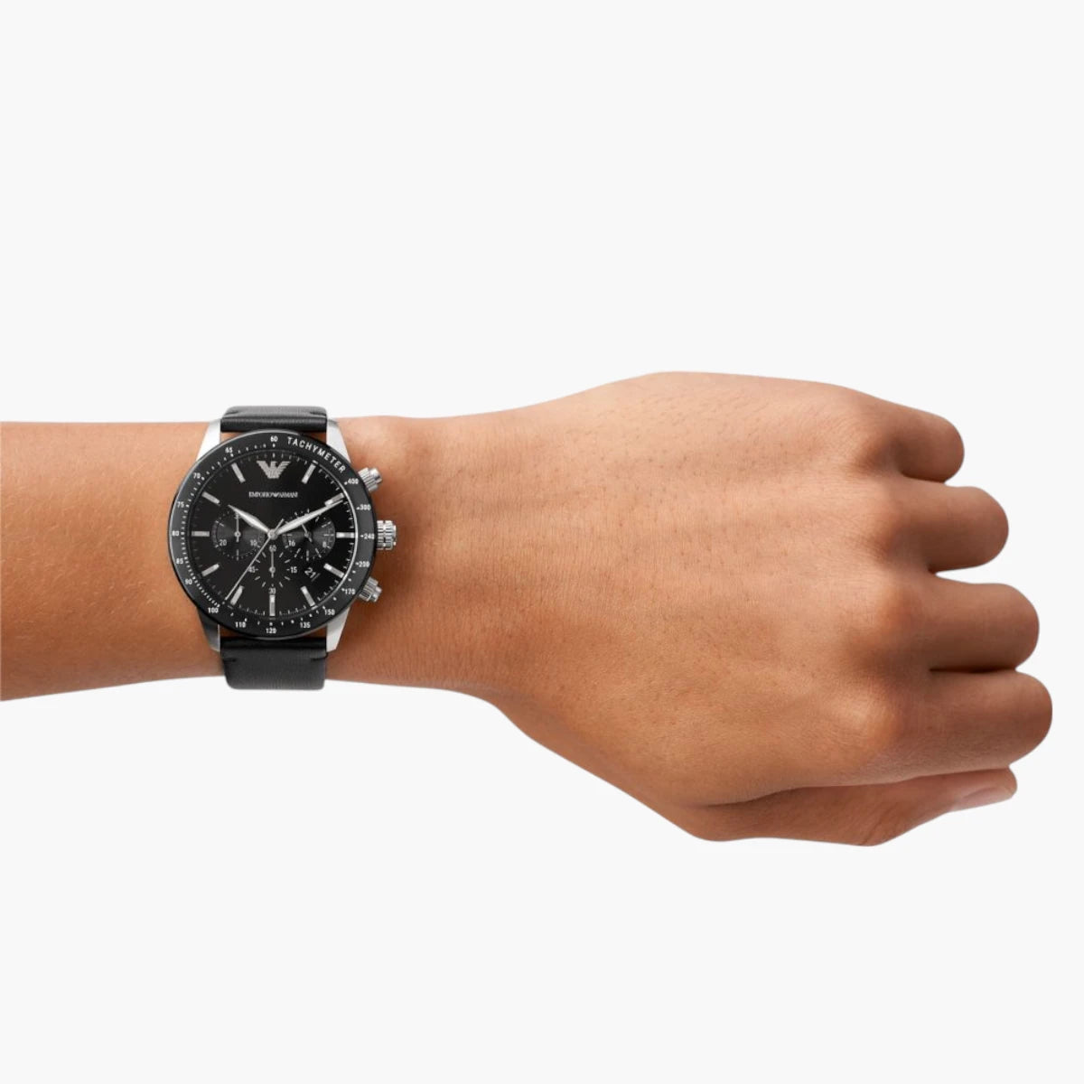Emporio Armani Black Round Chronograph Leather Watch | LEVISONS