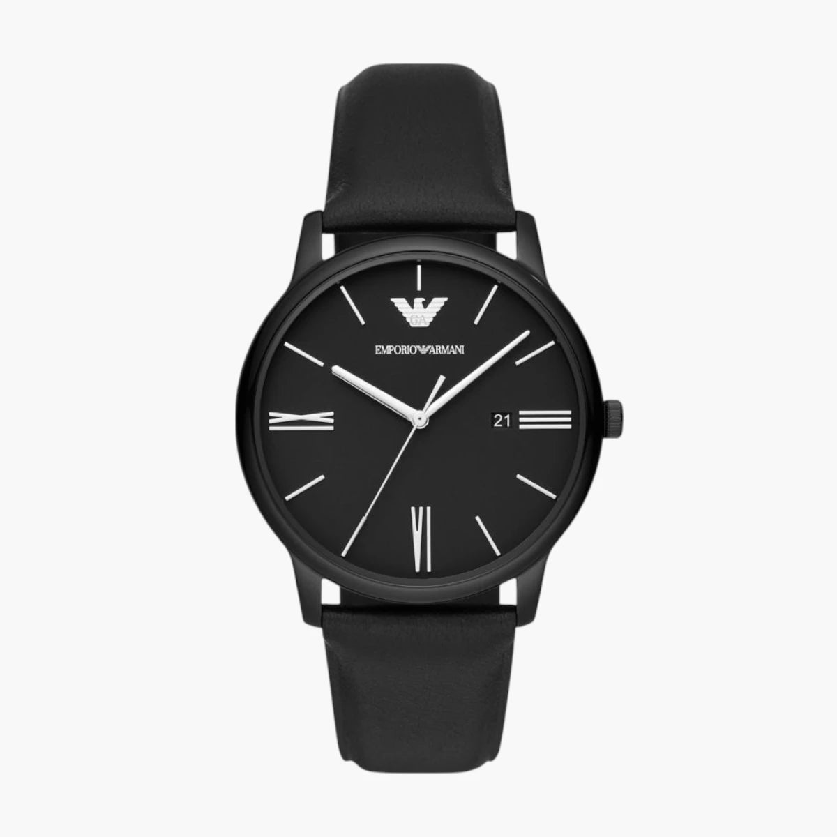 Emporio Armani Black Round Three-Hand Date Leather Watch | LEVISONS