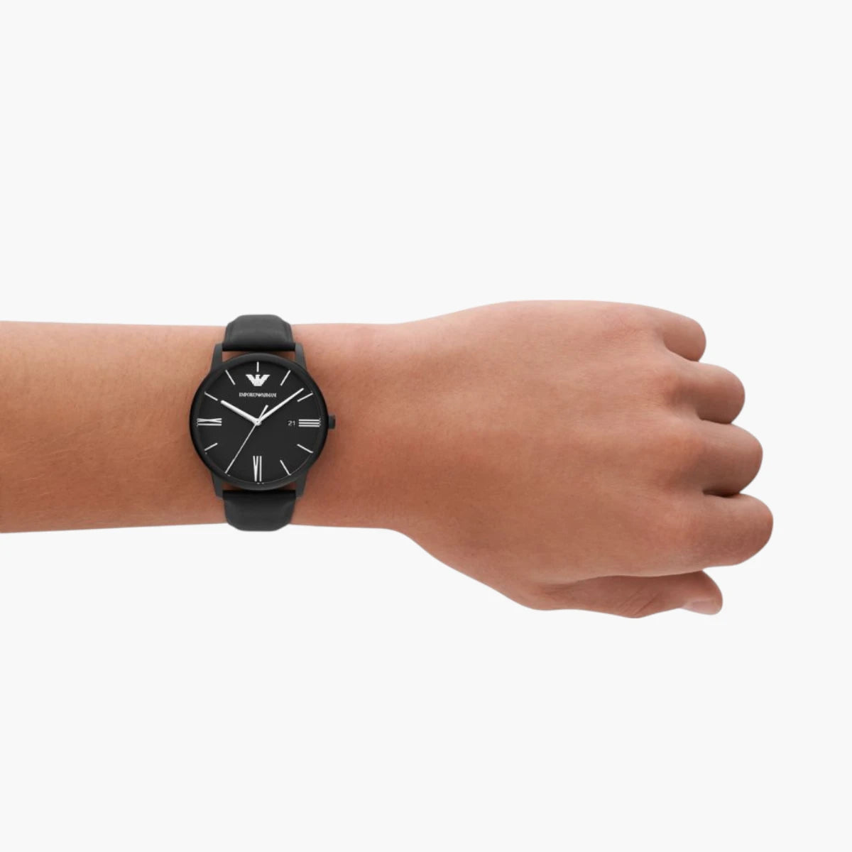 Emporio Armani Black Round Three-Hand Date Leather Watch | LEVISONS