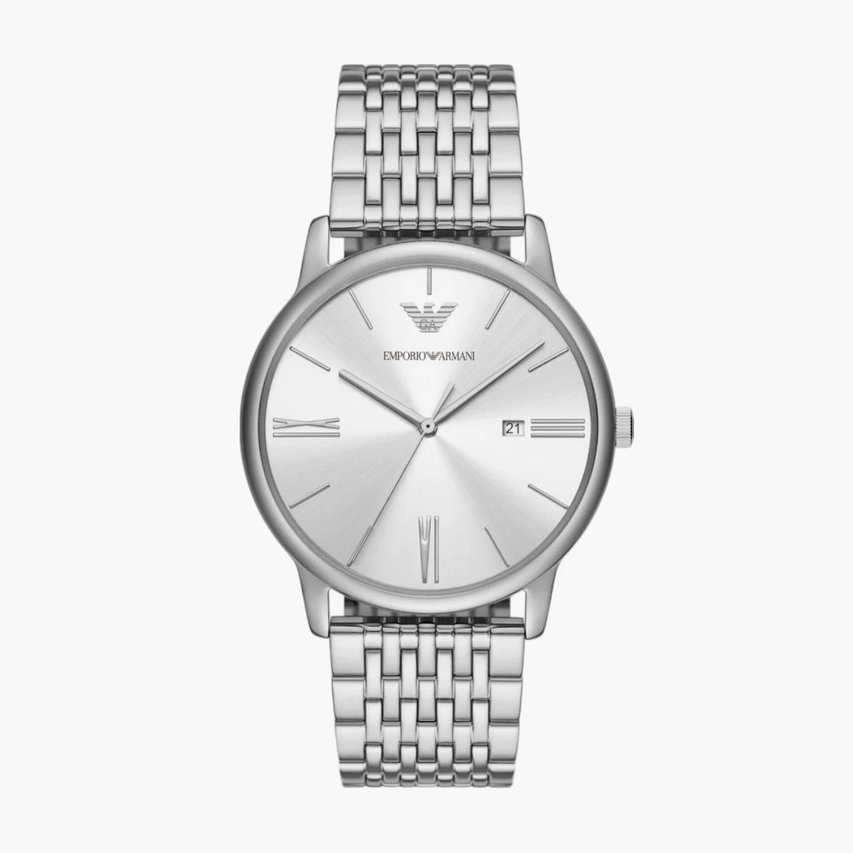 Emporio Armani Silver Round Three-Hand Date Stainless Steel Watch | LEVISONS