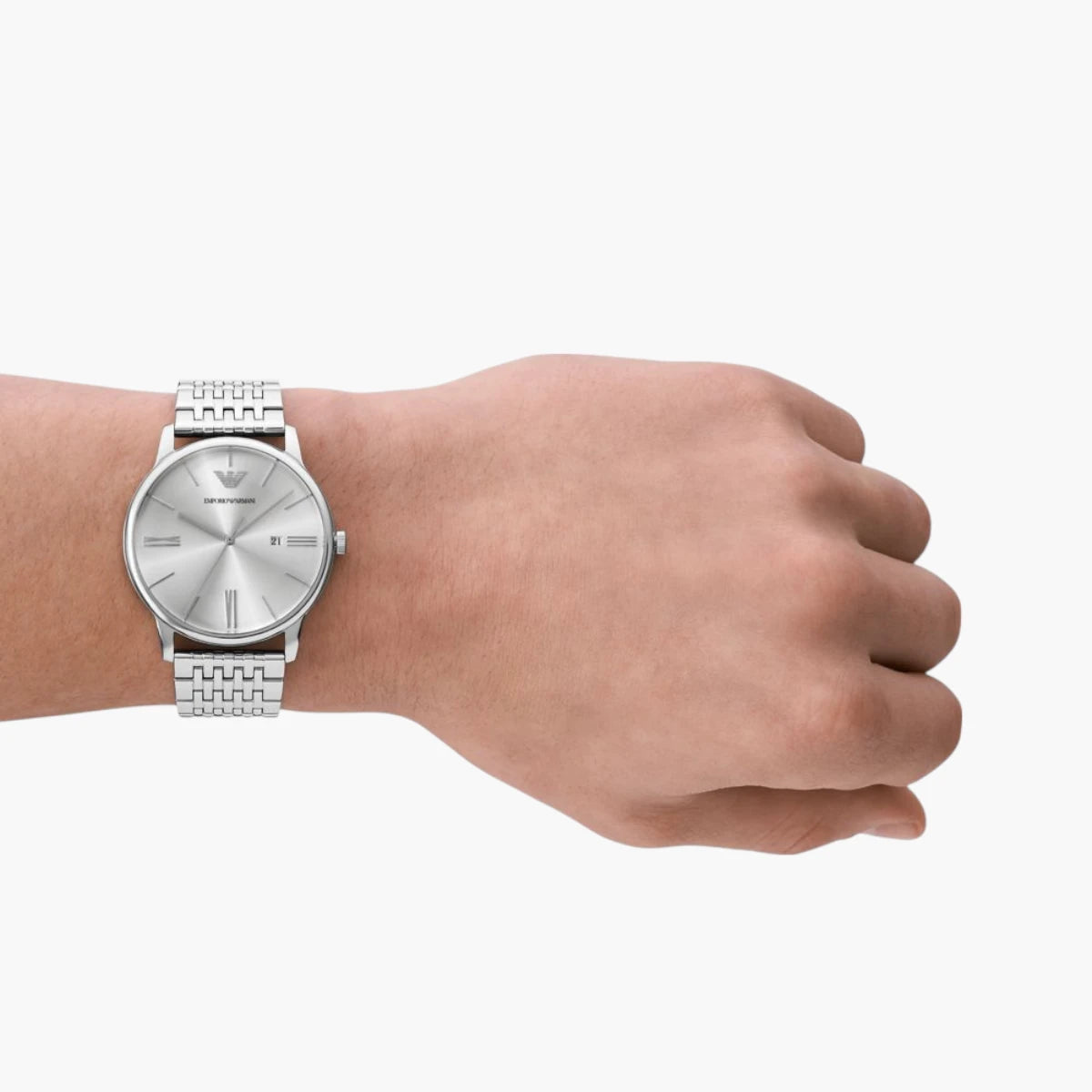 Emporio Armani Silver Round Three-Hand Date Stainless Steel Watch | LEVISONS