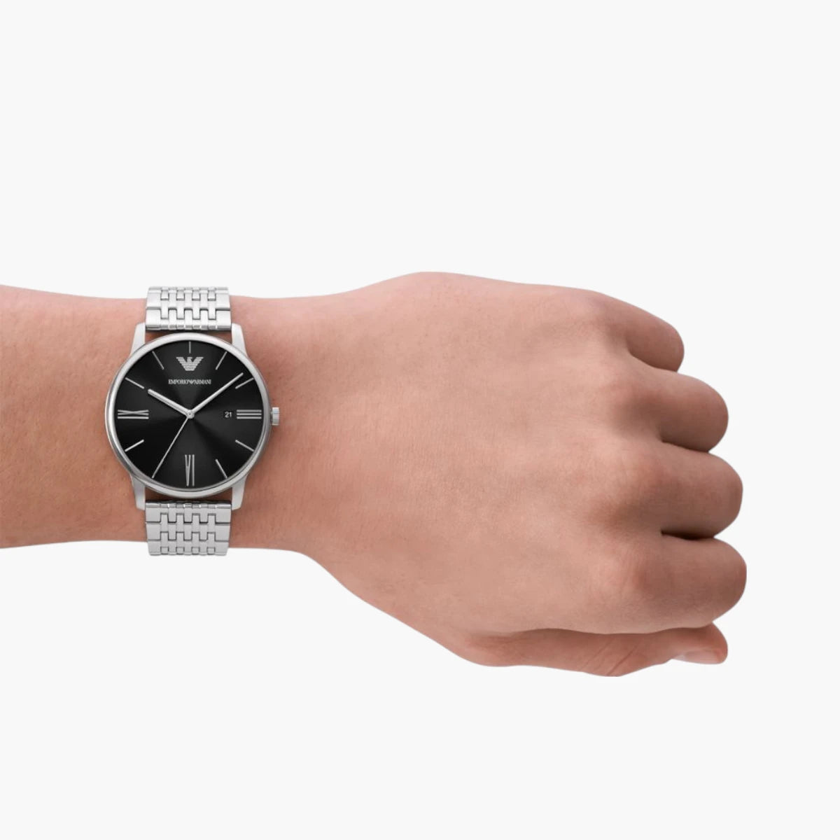 Emporio Armani Silver Round Three-Hand Date Stainless Steel Watch | LEVISONS