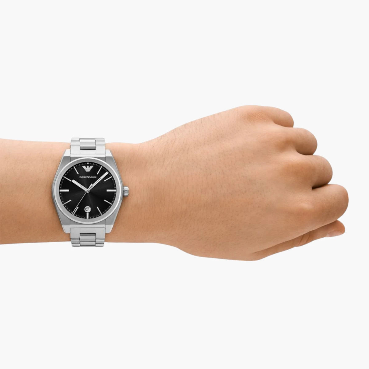 Emporio Armani Silver Round Three-Hand Date Stainless Steel | LEVISONS