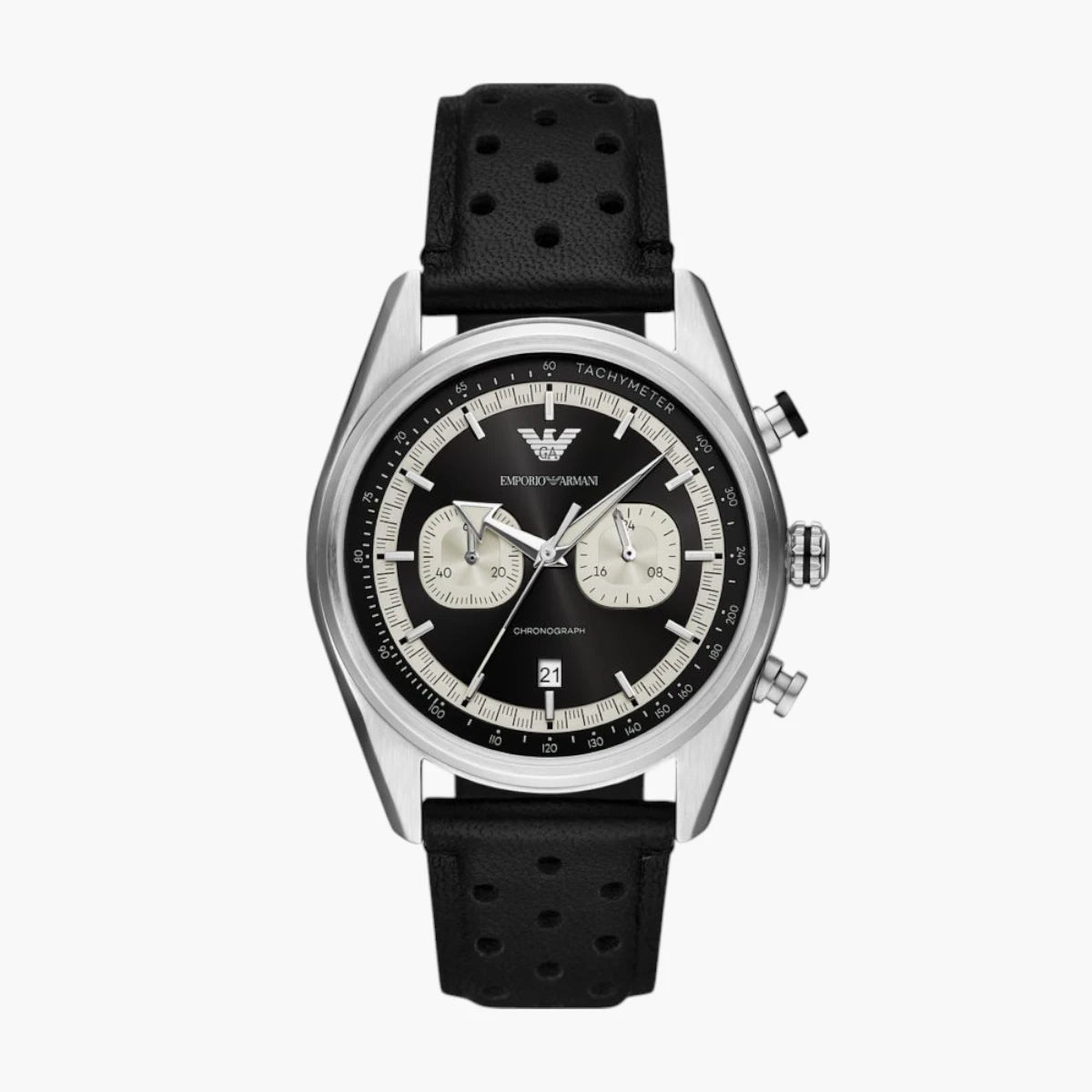Emporio Armani Black Round Chronograph Leather Watch | LEVISONS