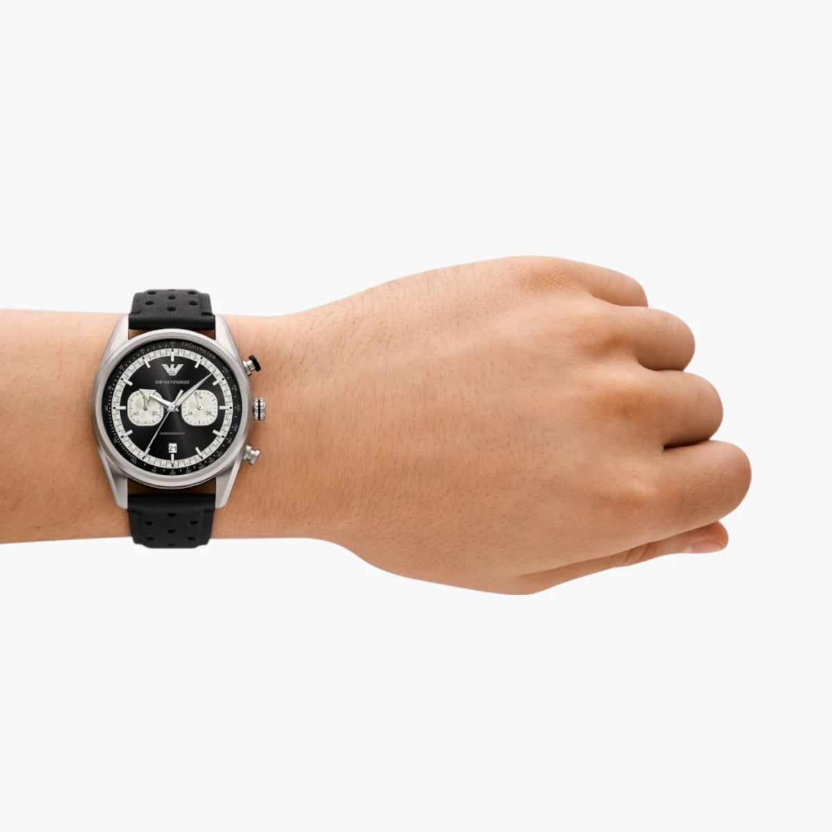Emporio Armani Black Round Chronograph Leather Watch | LEVISONS
