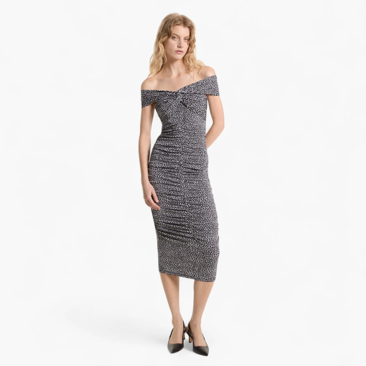 Michael Kors Leopard Print Stretch Matte Jersey Off-The-Shoulder Dress | LEVISONS