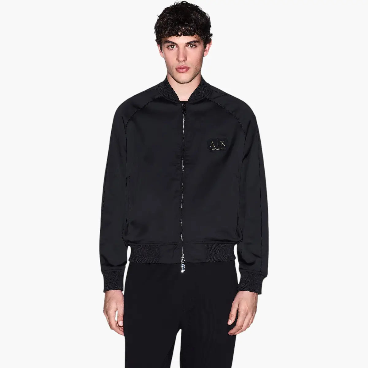 Armani Exchange Black And Gold Dual Zip Bomber Jacket With A Logo Patch | LEVISONS